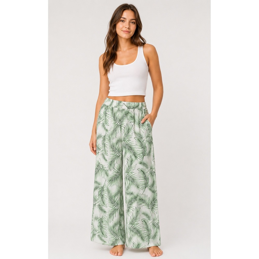 Sigrid Olsen Womens Tropical‎ Palm Wide Leg Pants Culottes Green White Elastic L